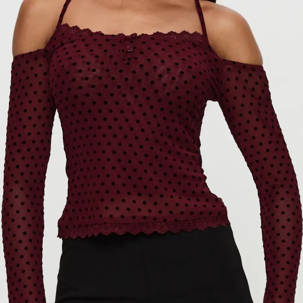 Princess Polly: On My Side Off Shoulder Tie Neck Top Burgundy *discontinued*